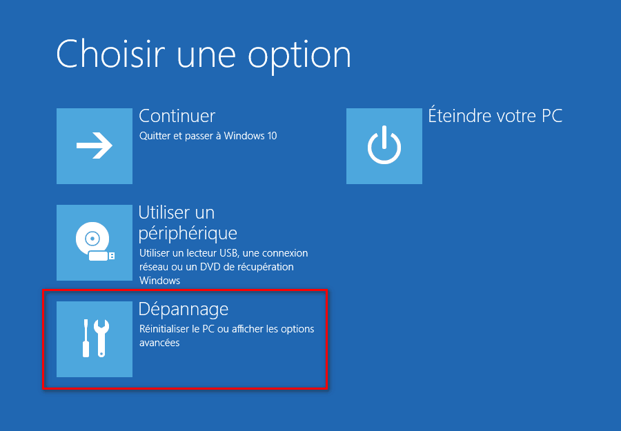 Choisir une option dans l'écran des options de démarrage avancées