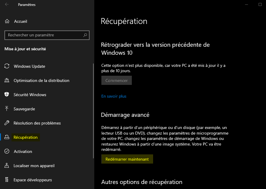 Démarrage avancé de Windows 10 depuis les Paramètres Windows