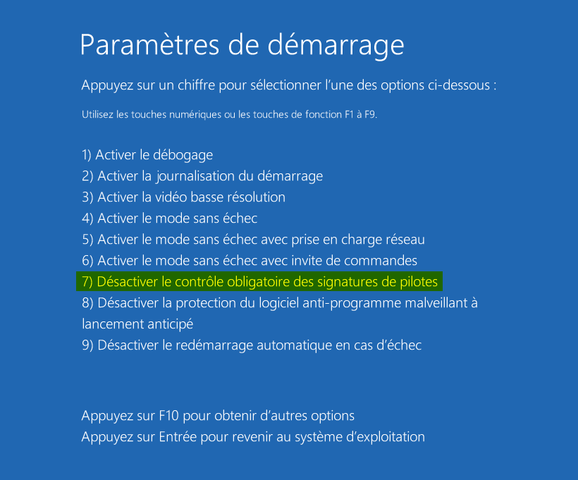 Désactiver le contrôle obligatoire des signatures de pilotes