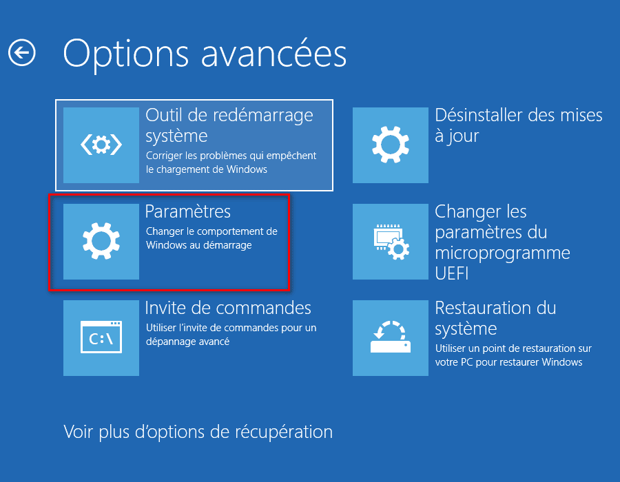 Options de récupération dans l'écran des options de démarrage avancées